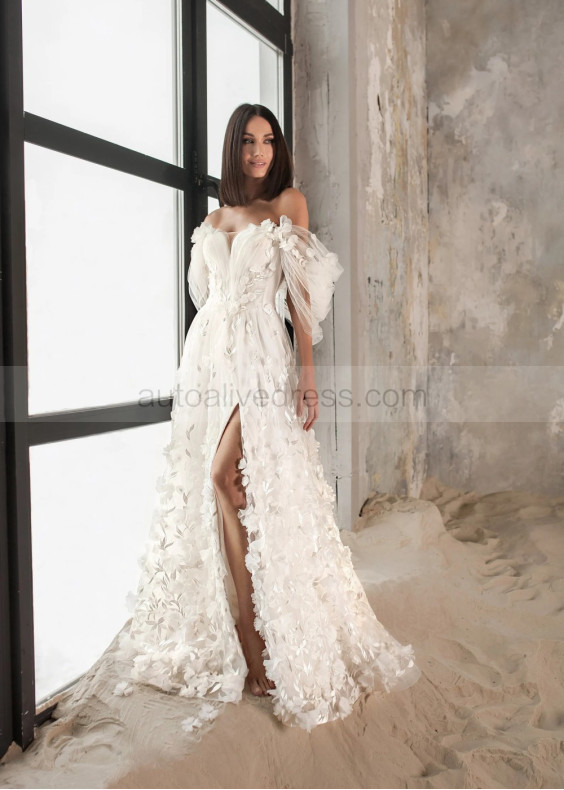 Ivory 3D Flowers Lace Tulle Slit Fairy Wedding Dress